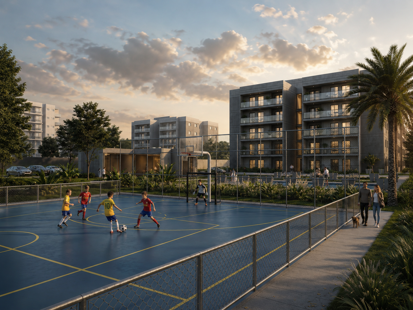 Render de área comum com quadra poliesportiva e paisagismo